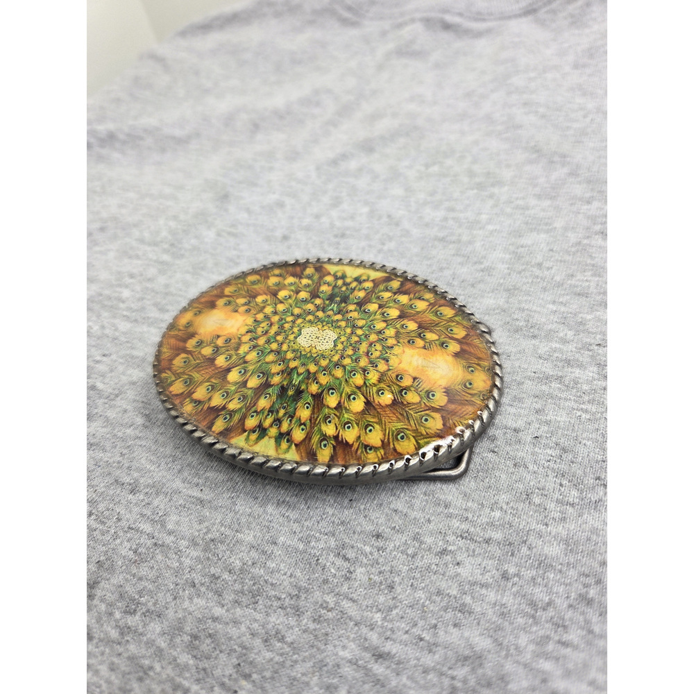 Vintage Peacock Feather Resin Yellow Oval Scalloped Rope Women's Belt Buckle